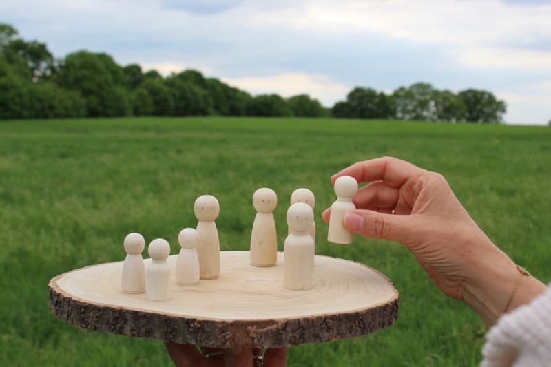 Holzfiguren auf einer Baumscheibe – systemische Aufstellung